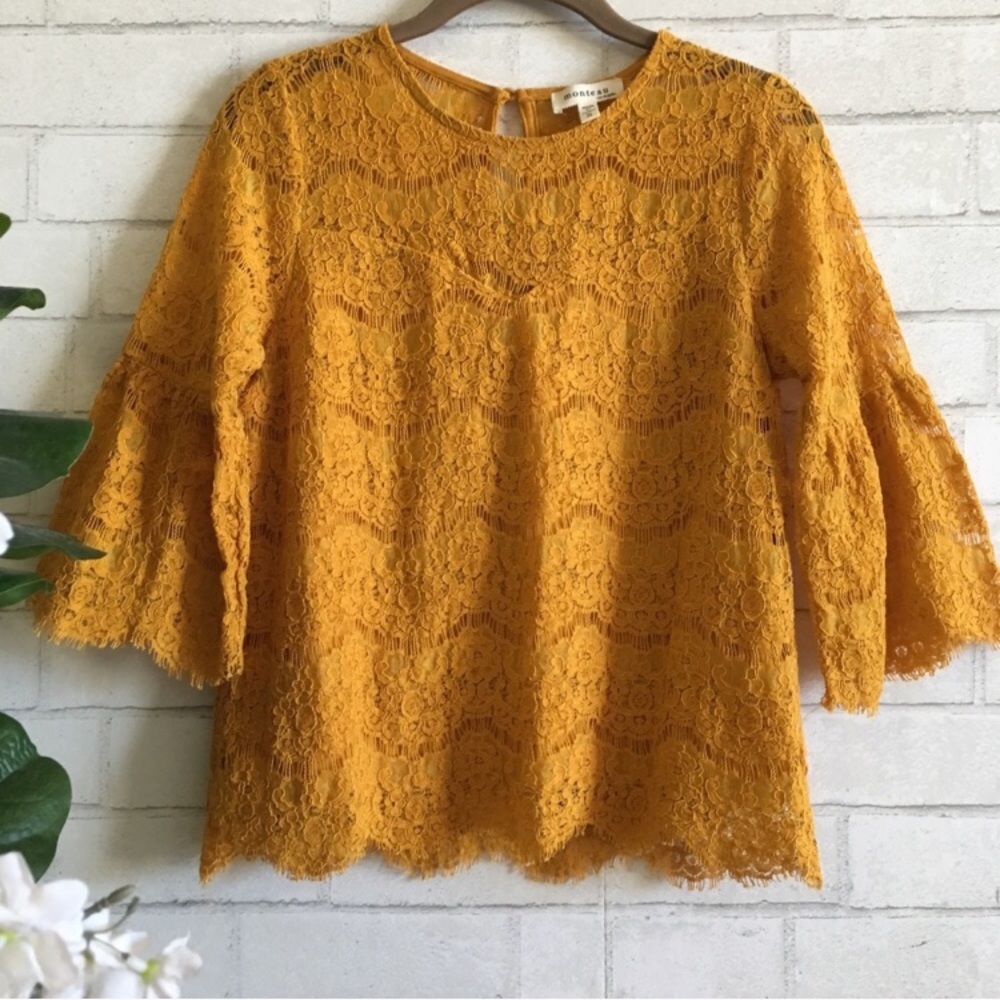 MONTEAU Feminine Mustard Yellow Lace Blouse 3/4 Sleeves Size Small